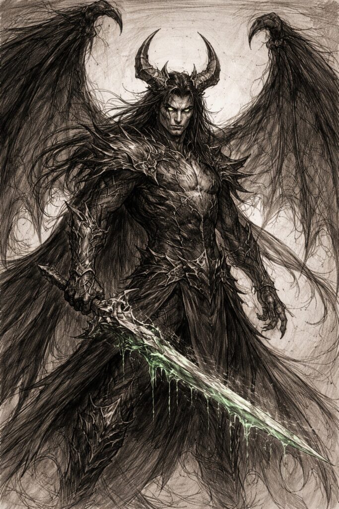 Dark demonic warrior with large bat wings, curved horns and glowing eyes, holding a green poison-infused sword, dark fantasy pencil sketch illustration of a powerful and terrifying male figure