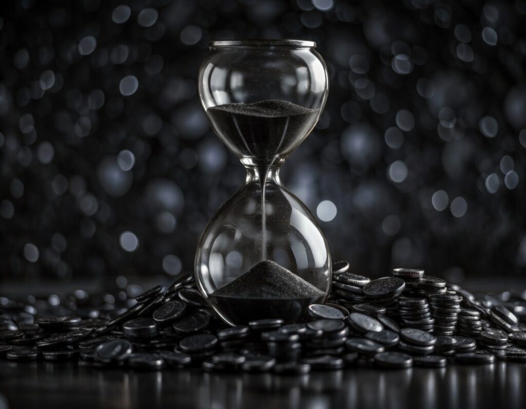 Dark symbolic still life with black hourglass filled with black sand running out, surrounded by a pile of shiny black coins, representing the concept of time is money, wealth, mortality and limited time in a mysterious gothic atmosphere.