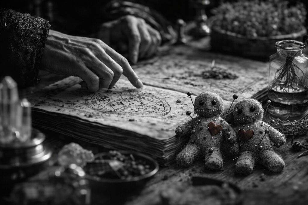 Voodoo love spell ritual with two pinned dolls bearing red hearts on an ancient grimoire map, witch's hand pointing at mystical symbols, surrounded by herbs, crystals and potion bottles, dark occult witchcraft atmosphere.