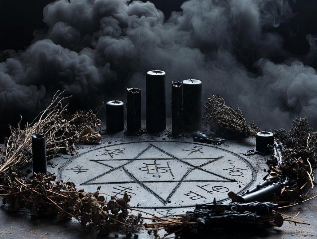 Dark occult ritual setup with black pentagram circle surrounded by burning black candles thick swirling smoke dried herbs and gothic atmosphere on stone surface.
