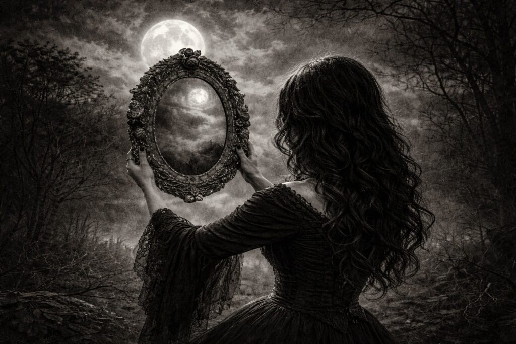 Dark romantic gothic portrait of woman with ornate black mirror under full moon in misty forest at night.