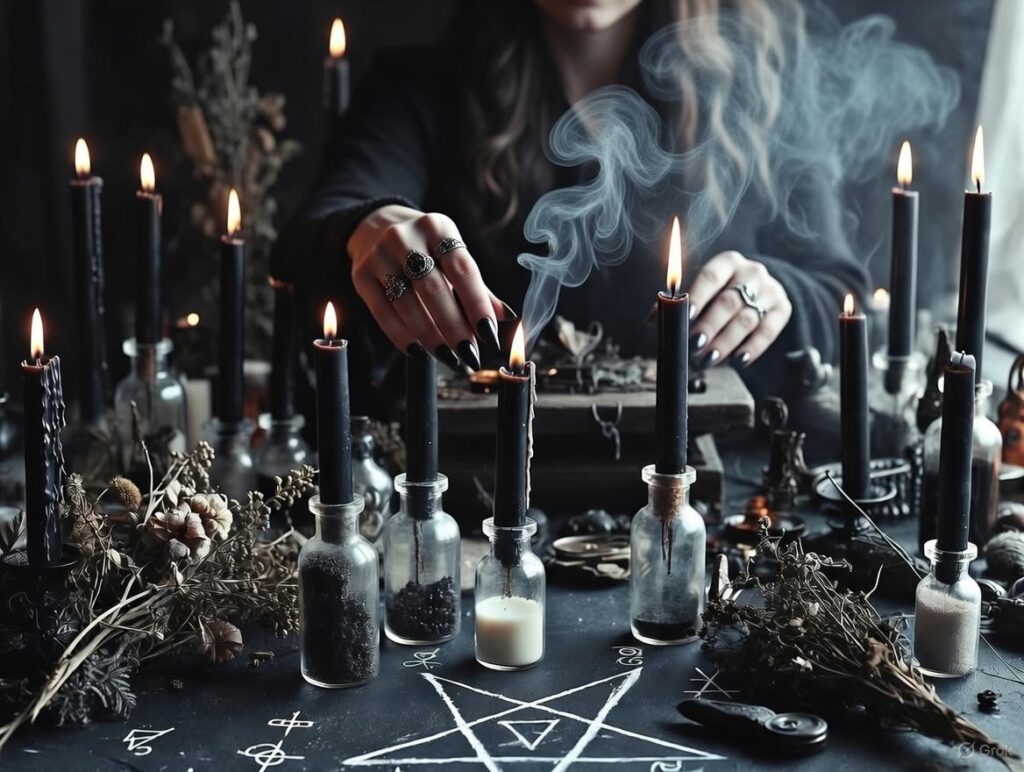 Mysterious dark witch performing a powerful magic ritual, summoning fiery energy with hands raised over an occult altar featuring a ram skull, human skulls, burning candles, a raven, and a pentagram in a gothic atmosphere. High-quality fantasy witchcraft imagery.
