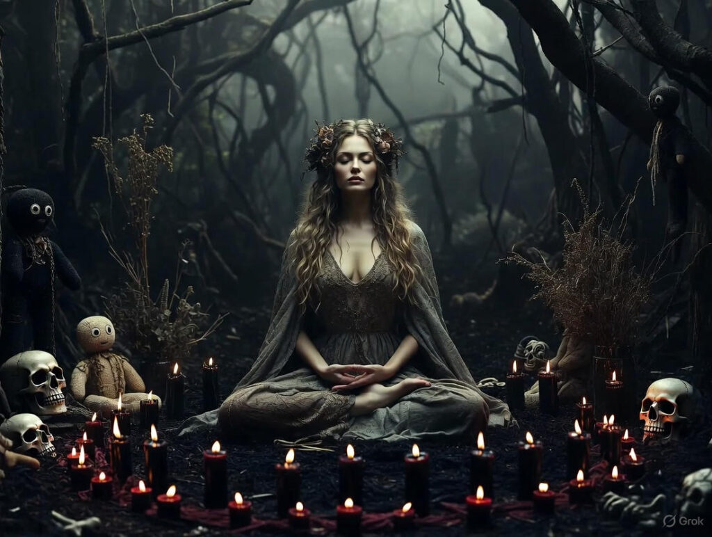 Mysterious girl witch meditating in lotus position surrounded by circle of black candles, human skulls and creepy voodoo dolls in a dark enchanted forest, occult ritual atmosphere.
