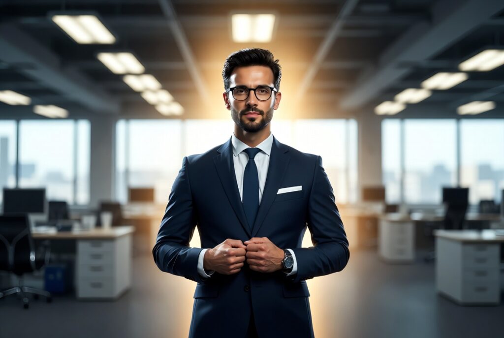 Confident powerful man in sharp suit exuding godlike dominance and success in a modern open-plan office, surrounded by glowing aura of victory, rapid promotions and career explosion from demonic pact ritual, natural professional triumph and workplace domination.