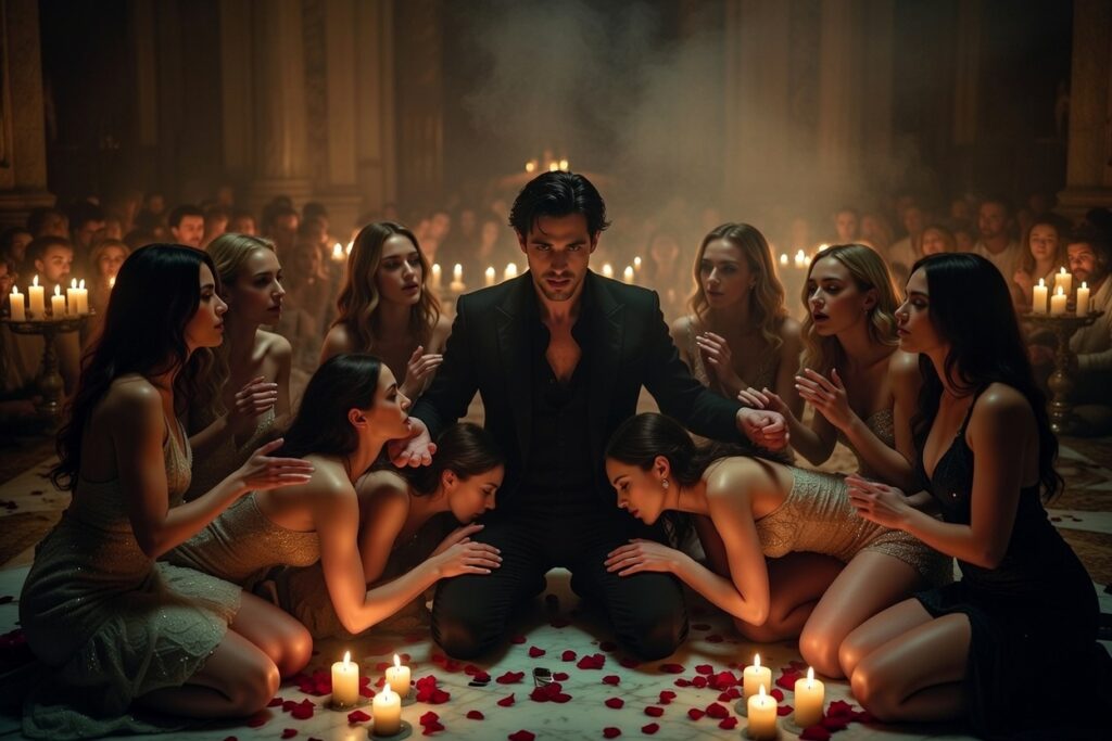 Powerful dark-haired man as a god-like figure in intense erotic worship ritual, surrounded by a circle of beautiful devotees kneeling in adoration and submission, candlelit grand hall with rose petals, heavy incense smoke, raw sexual charisma and demonic pact energy.