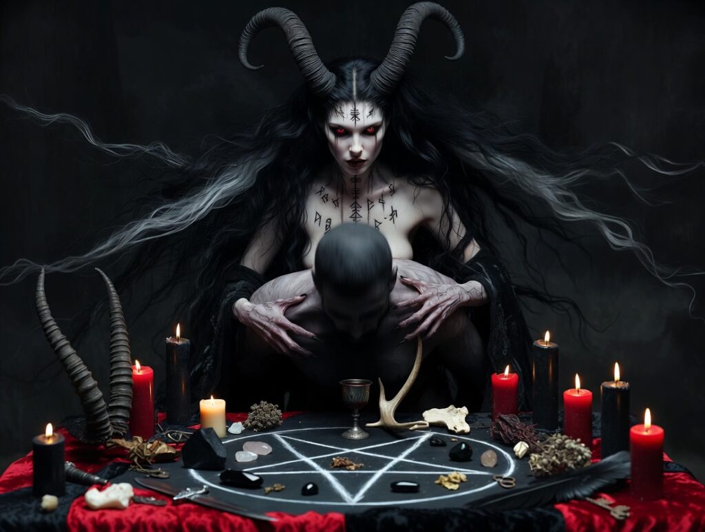 A horned demonic priestess performing a forbidden witchcraft ritual at a black altar, candles burning around a summoning circle as a man kneels, consumed by her dark power.