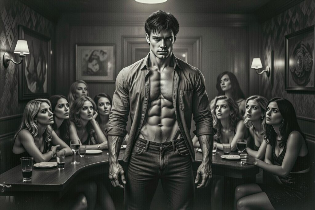 Dramatic dark portrait of a powerful, muscular playboy standing confidently in a vintage bar, open shirt revealing chiseled abs, surrounded by a group of beautiful women seated around a table gazing up at him with admiration and desire.