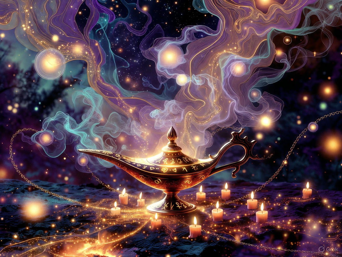 Enchanted golden magic lamp releasing a swirling ethereal spirit guide made of glowing purple and teal smoke, surrounded by flickering candles and floating orbs in a mystical witchcraft spirit world under a starry night sky, fantasy digital art