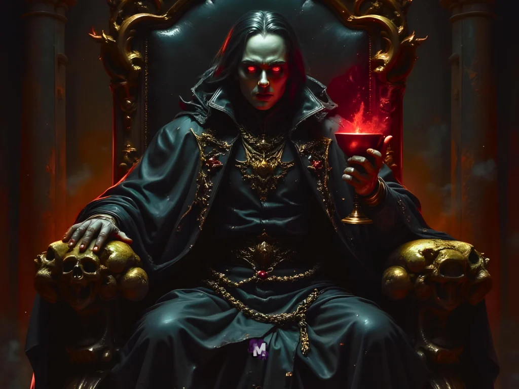 A regal elf queen with long wavy silver hair, pointed ears, and intricate golden jewelry sits gracefully on an ornate throne in a lush enchanted forest. She wears a flowing crimson gown with elaborate patterns, surrounded by glowing mushrooms, vines, and mystical blue wisps.