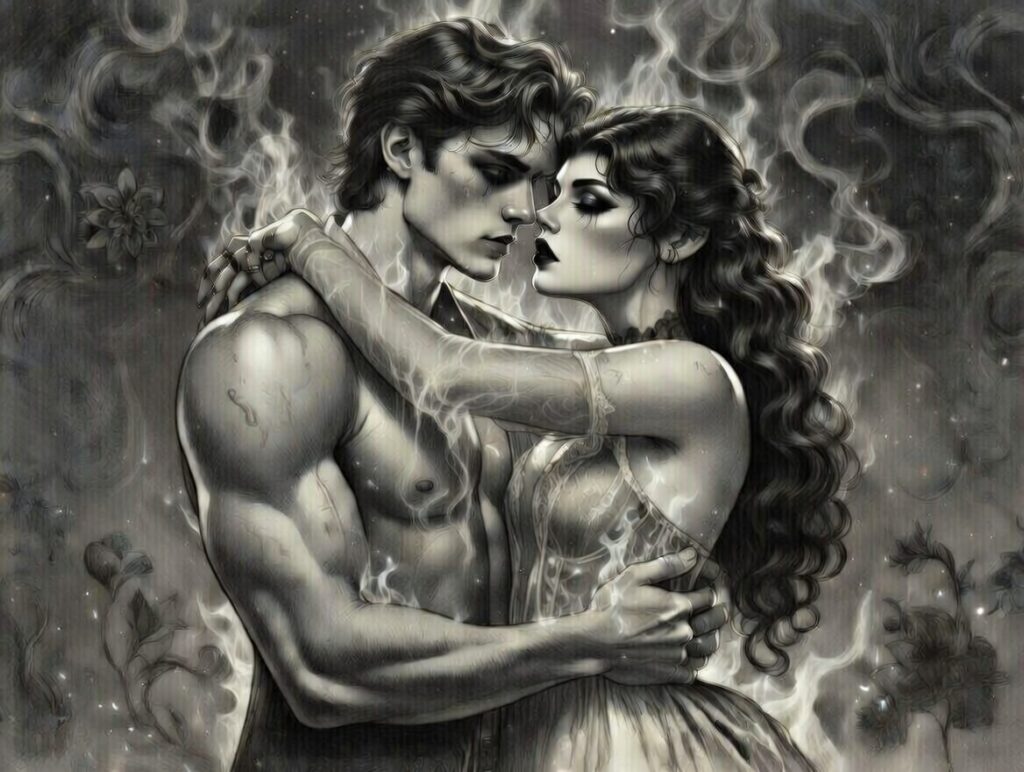 Intense gothic romance illustration of a passionate couple embracing closely, muscular man with curly hair holding woman in flowing dress with long wavy hair and dark lips, surrounded by swirling smoke and mist in dramatic shadowy fantasy style