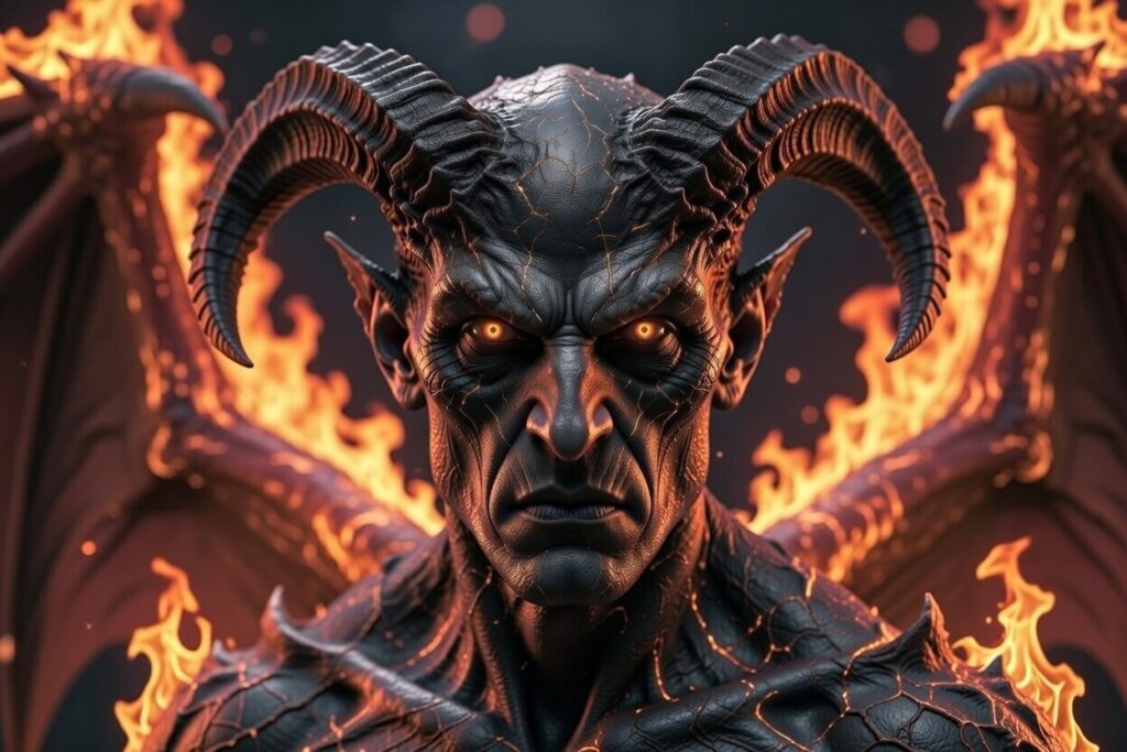 Fierce demonic devil with massive curved horns, cracked black skin, glowing orange eyes and bat-like wings engulfed in flames, intense dark fantasy horror portrait with fiery background.