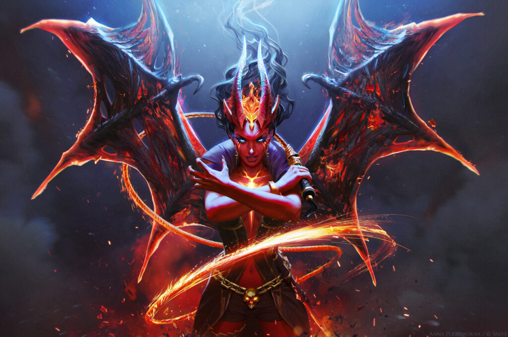A powerful demoness with crimson skin, curved horns, and massive fiery bat-like wings glowing with lava-like veins stands confidently with arms crossed, holding a flaming whip. Intense blue eyes gaze forward amid swirling flames and smoke.