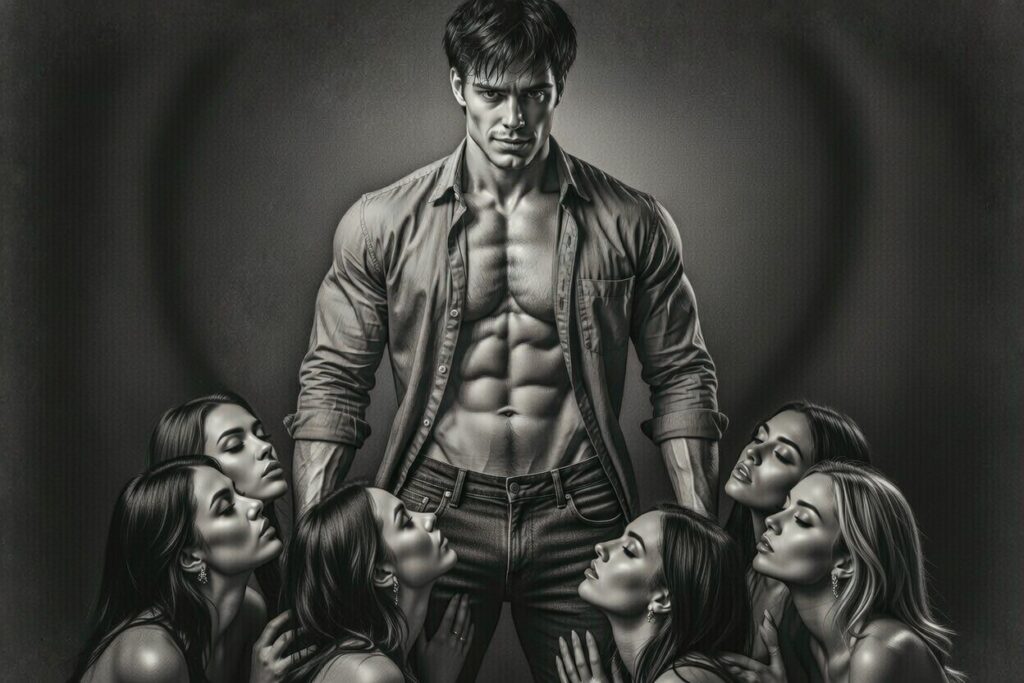 Powerful Playboy surrounded by admiring women dramatic dark fantasy portrait of a muscular, intense man in an open shirt standing tall, encircled by sensual women gazing up at him with adoration and desire.