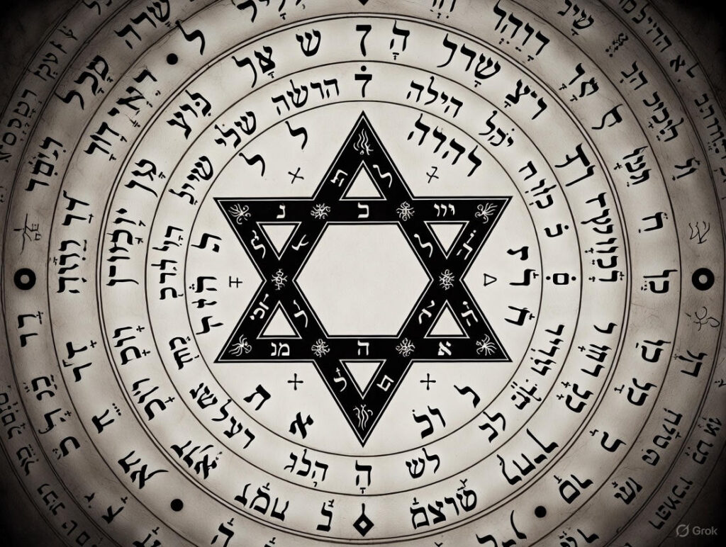 Intricate black-and-white illustration of the Seal of Solomon (Mystical Figure of Solomon), featuring a central hexagram Star of David formed by interlocking triangles, surrounded by concentric circles with Hebrew divine names, angelic inscriptions, and esoteric mystical symbols, occult talisman digital art