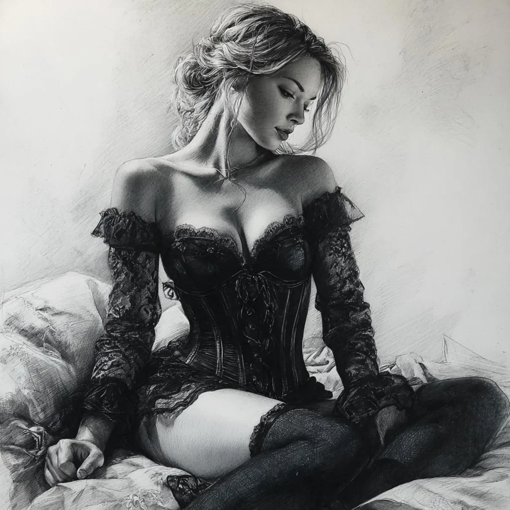 Realistic black-and-white pencil drawing of a sensual slut woman with wavy blonde hair, wearing a black lace corset with long sleeves and stockings, seductive profile pose, vintage erotic art style.
