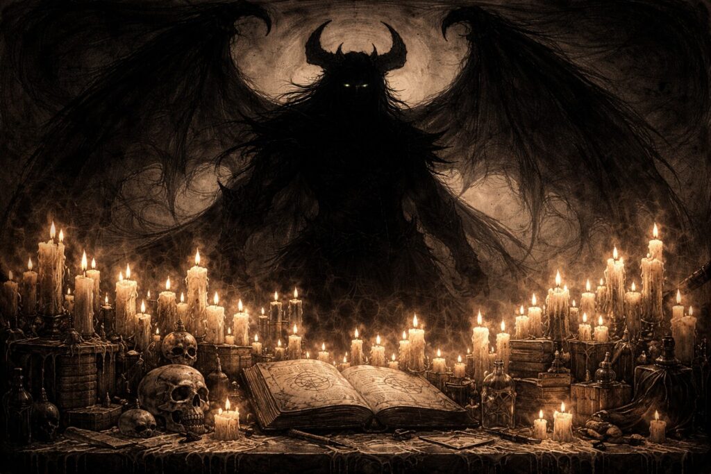 Dark occult ritual altar with hundreds of burning candles, skulls and ancient witchcraft books, a towering demonic silhouette with wings and horns looming in the shadows, dark fantasy summoning scene