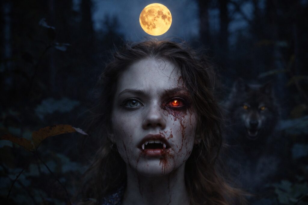 Bloody-faced vampire girl with glowing red eye and fangs under a massive blood moon, surrounded by menacing wolves in a dark misty forest, eerie gothic horror fantasy artwork.