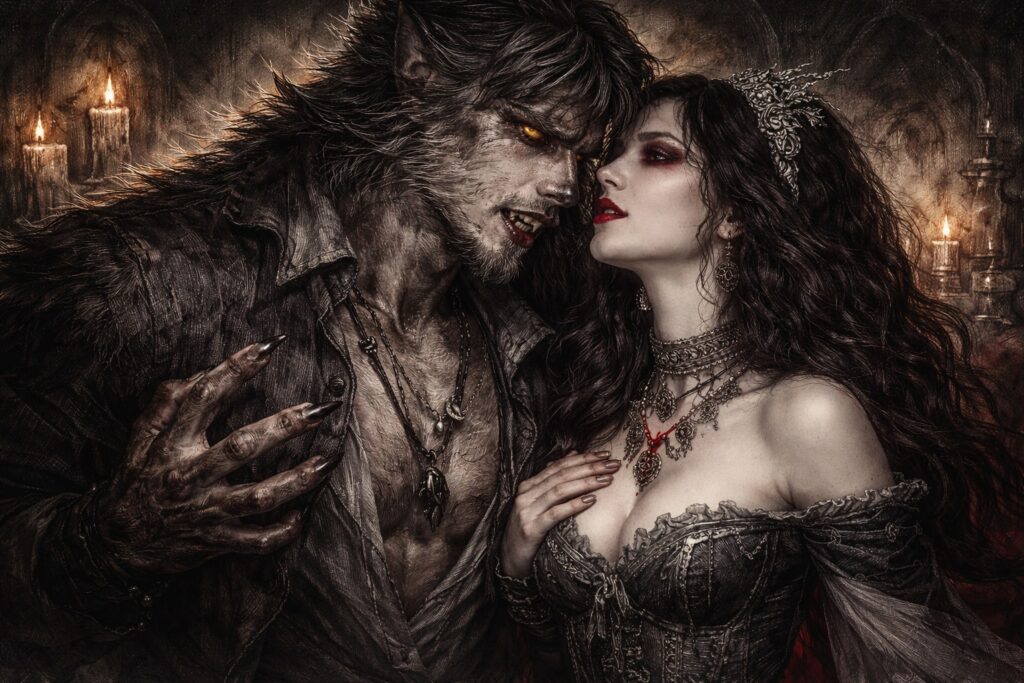 Dark romantic scene with fierce werewolf and elegant vampire woman embracing intimately in gothic candlelit castle.