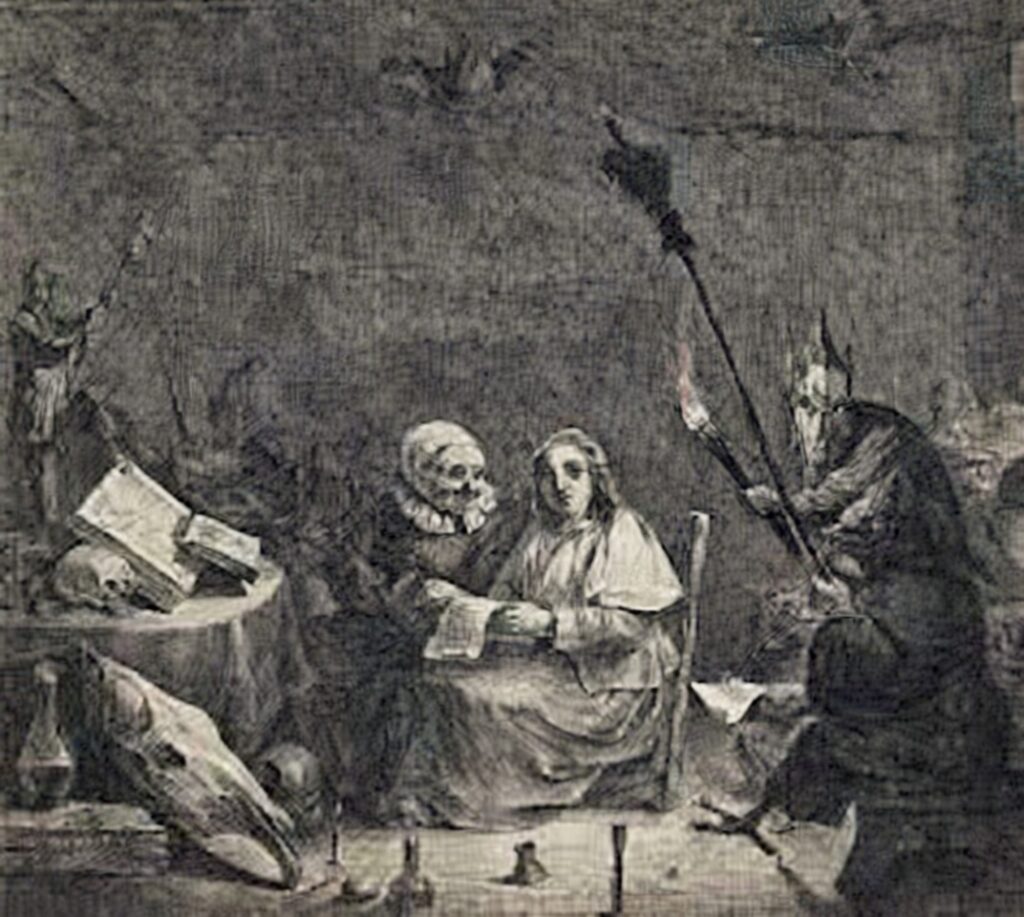 Dark occult etching of a witch reading grimoire with skull and plague doctor holding torch in eerie candlelit room, historical witchcraft scene.