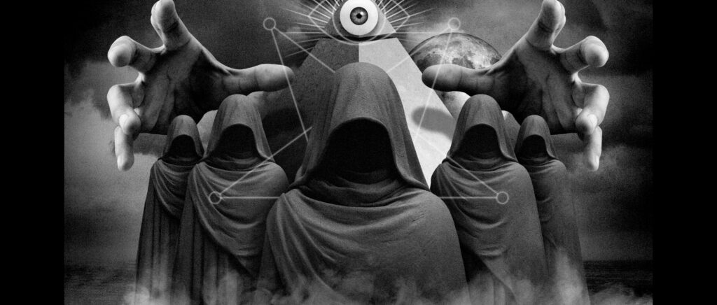 Dark surreal occult artwork featuring hooded shadowy figures in a ritual formation beneath a glowing all-seeing eye pyramid, connected by sacred geometry lines, with outstretched hands, full moon and eerie mist atmosphere, evoking mystery, conspiracy and esoteric symbolism.