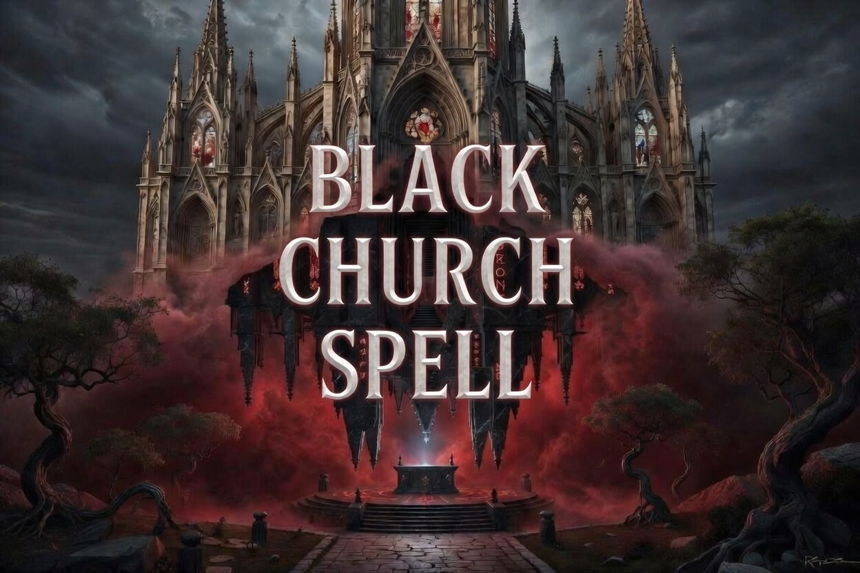 Epic dark fantasy artwork of a towering gothic cathedral inverted in a stormy red-black sky, with "BLACK CHURCH SPELL" in massive metallic letters floating above a glowing ritual altar, misty cursed forest, dripping blood-red windows, and ominous magical energy, perfect for occult, black magic, horror, and gothic themes.
