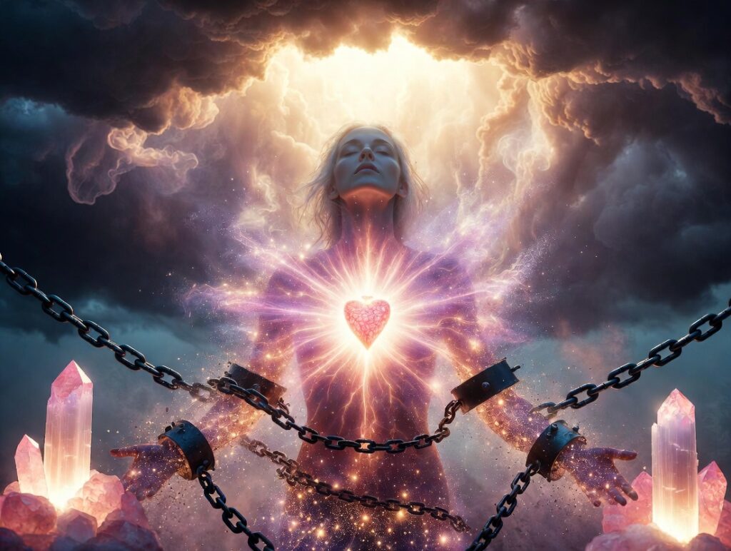 Glowing woman breaking chains, radiant heart chakra and crystals in stormy sky  Remove Emotional Blockages Spell spiritual healing art