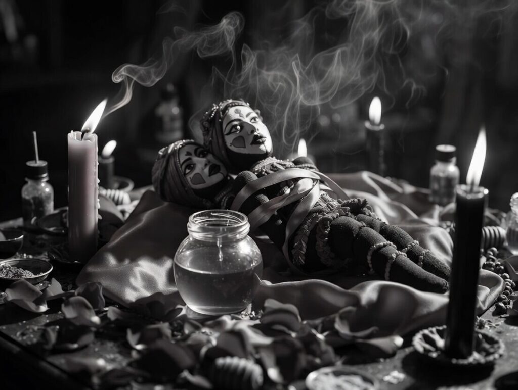 Black and white realistic voodoo love and domination spell altar  two intertwined dolls bound with red ribbon, honey jar, rose petals, burning candles, incense smoke and mystical dark atmosphere.