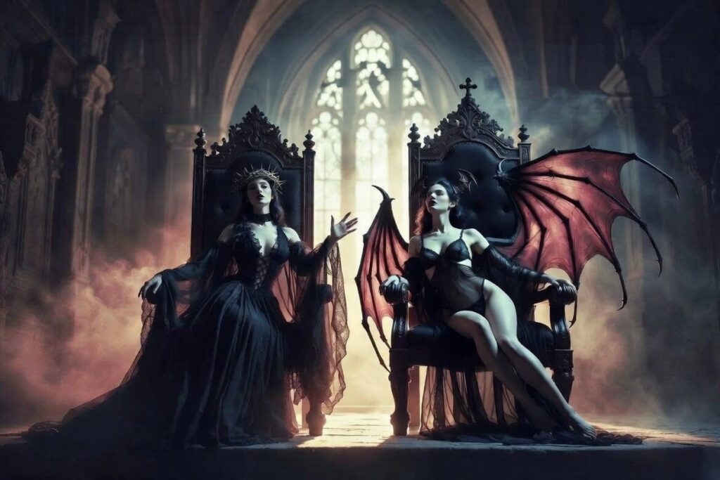 Lilith and Succubus on gothic thrones dark fantasy illustration of the demonic queen Lilith with crown and a seductive succubus with dragon wings, seated in a misty cathedral interior, dramatic black and red atmosphere.