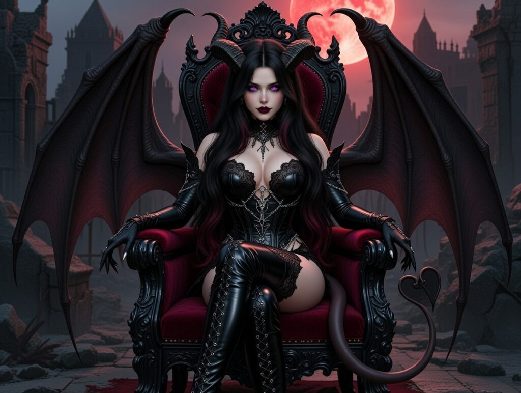 Seductive Lilith demoness enthroned with bat wings, black horns, purple glowing eyes, black leather and lace outfit, thigh-high boots, prehensile tail, under a blood-red full moon with dark castle architecture, cinematic dark fantasy style.