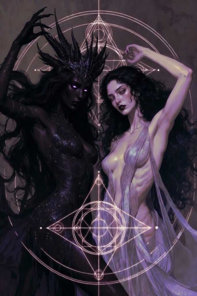 Lilith and Succubus sacred geometry duality, dark fantasy illustration of empowered dark feminine archetypes, Lilith in black armor-like dress with horns and succubus in flowing veil, mystical purple cosmic background.