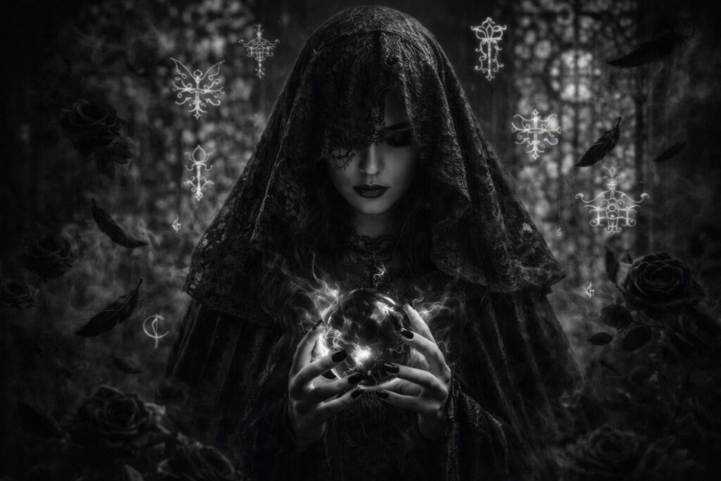 Black and white portrait of a mysterious veiled woman in lace hood holding a glowing crystal ball, surrounded by dark roses, feathers, and occult symbols in a gothic atmosphere monochrome dark fantasy occult art.