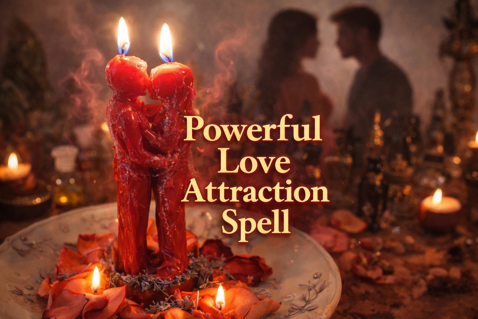 Powerful love attraction spell ritual with two red intertwined couple candles burning, surrounded by rose petals, herbs, oils and mystical smoke in a romantic dimly lit setting.