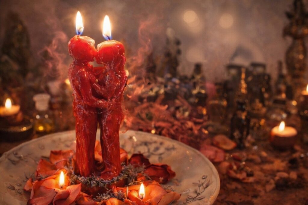 Mystical red couple candle ritual for powerful love attraction spell, two embracing wax figures kissing while burning with blue flames, surrounded by rose petals, herbs, essential oils, incense smoke, small candles, and golden ritual objects in a dimly lit romantic witchcraft setting.