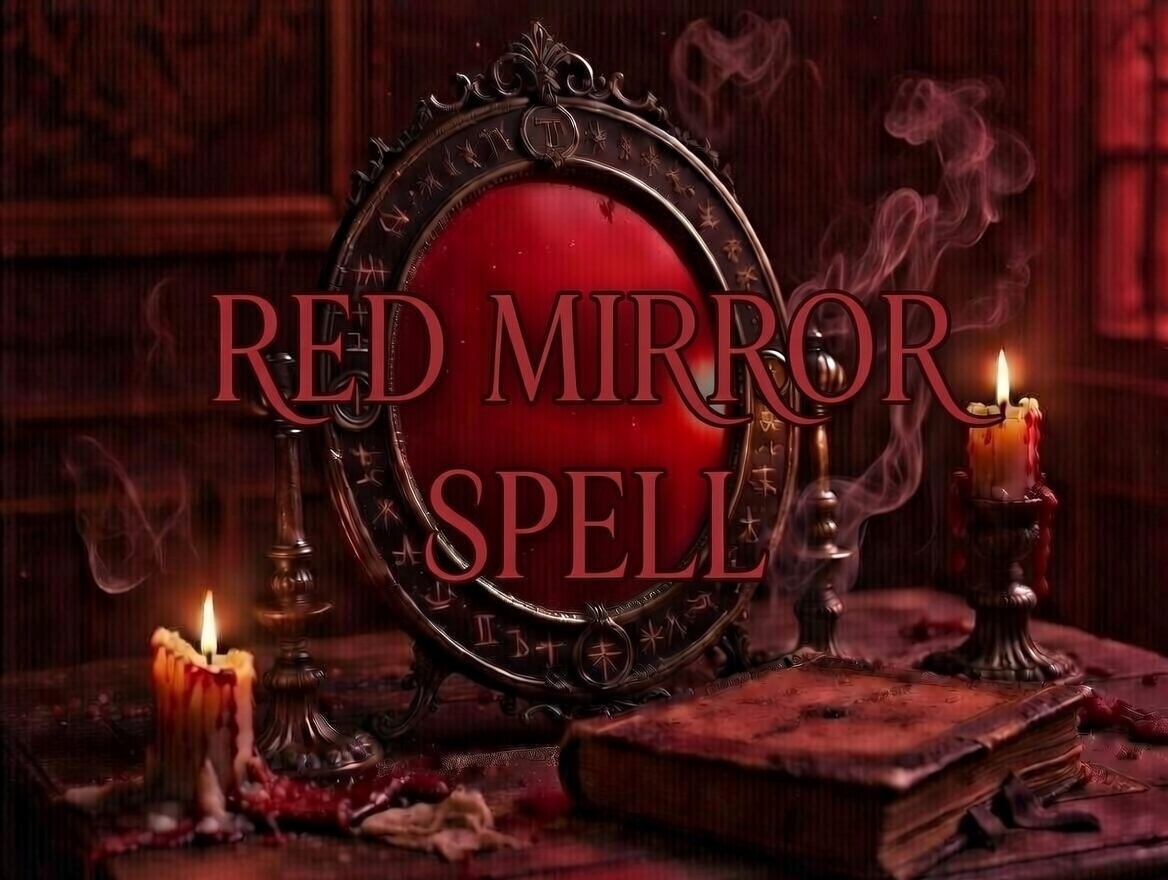 A dark gothic red mirror spell ritual scene: an ornate antique oval mirror with occult sigils and runes around the frame glows with intense blood-red surface, surrounded by dripping red candles, thick mystical smoke, old grimoires and scattered ritual items in a dimly lit Victorian witchcraft study atmosphere, evoking mystery, power and forbidden magic.