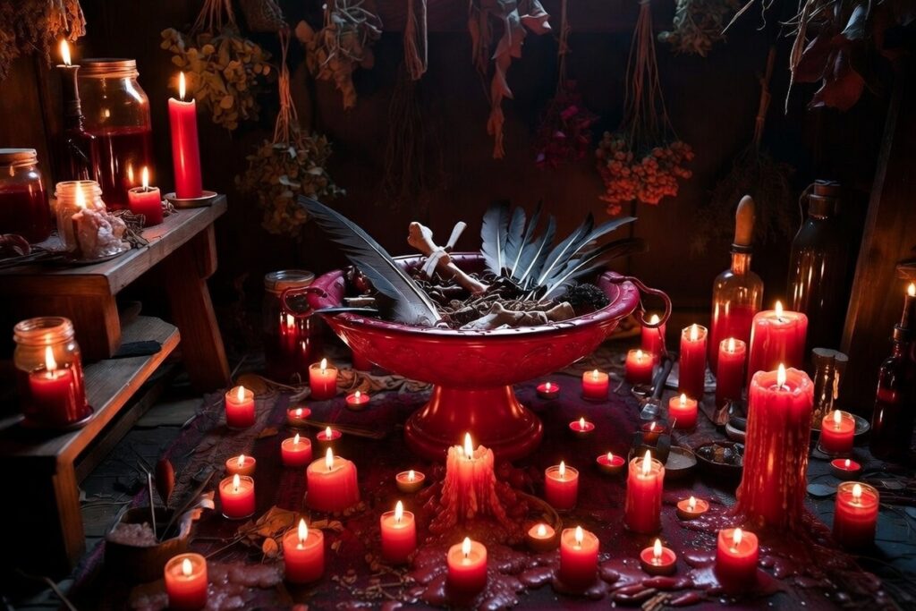 Dark red witchcraft altar ritual: overflowing cauldron with feathers & bones, dozens of dripping red candles, heavy wax, smoke, herbs and potion bottles in mystical gothic setting.