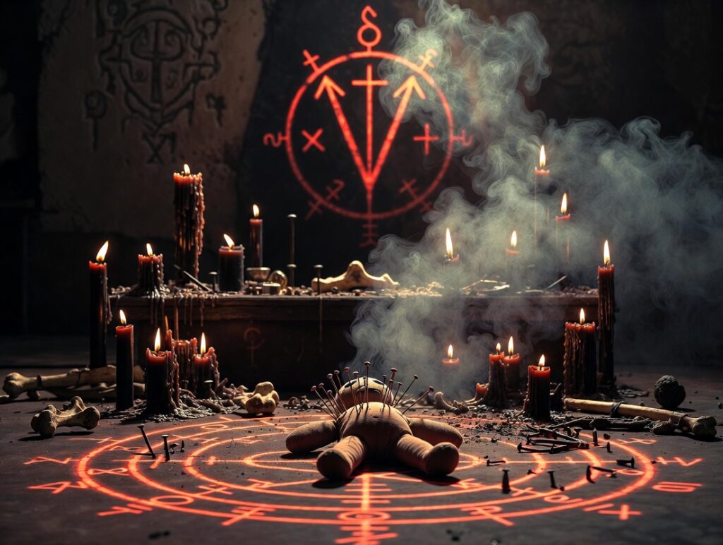 Dark mystical voodoo strong spells ritual altar with glowing red veve symbol, pierced voodoo doll stuck with black pins, human skull, bones, dripping black candles, rusty nails and thick swirling incense smoke intense occult horror atmosphere.