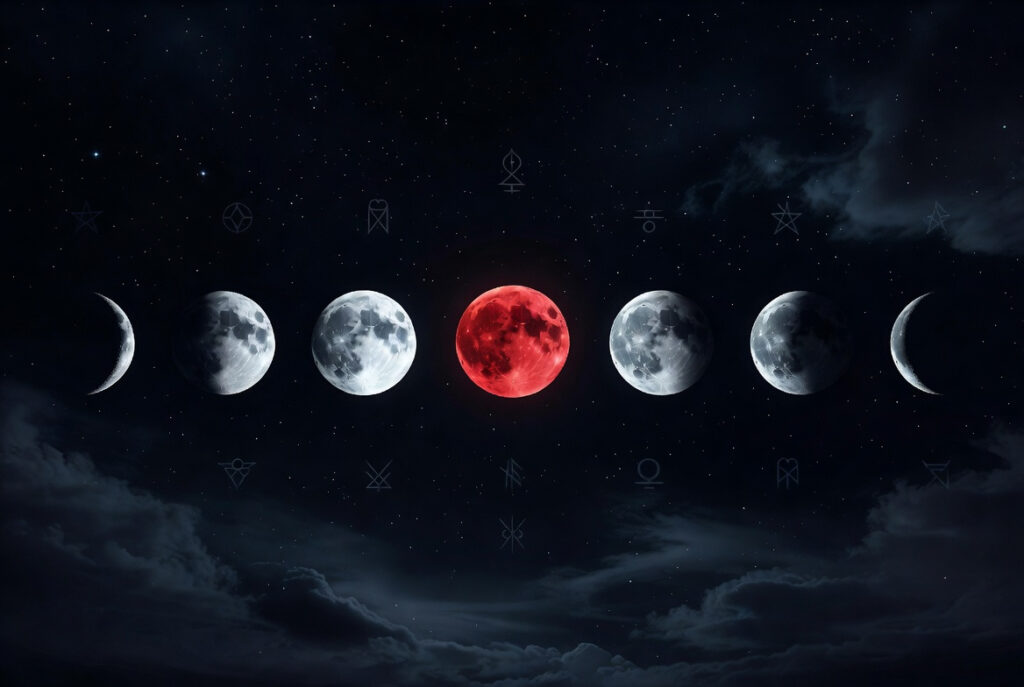 Stunning celestial sequence of lunar phases under a starry night sky: from waxing crescent through full blood moon in total lunar eclipse to waning crescent, highlighted by a glowing red central moon, with zodiac symbols and arcane glyphs floating in the cosmic background, evoking powerful eclipse magic and manifestation energy.