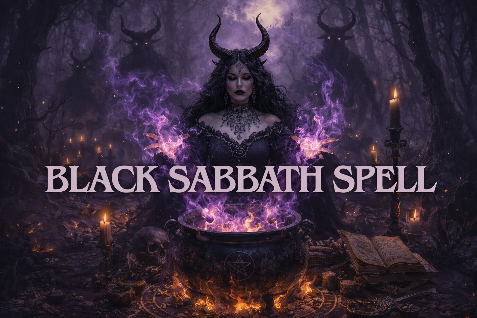 Dark fantasy artwork of a powerful horned witch queen standing over a large bubbling cauldron filled with glowing purple magical flames in a misty enchanted forest at night. She wears a black lace dress, elaborate horned headdress, intricate gothic jewelry with inverted crosses, and has dramatic makeup with black lips. Surrounding her are shadowy horned demonic figures lurking among ancient trees, candles burning, a skull, an open grimoire with runes, herbs, and ritual items.