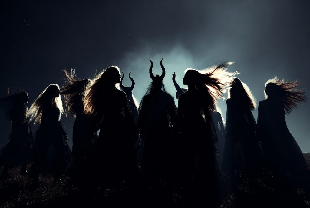 Silhouettes of a powerful coven of witches with flowing hair and some wearing horned headdresses, standing together on a misty hill under a starry night sky. Dramatic backlit figures against dark foggy atmosphere, evoking a mystical Witches' Sabbath, Walpurgisnacht ritual, pagan gathering, occult magic, and primal feminine energy with horns symbolizing the Horned God or shadow entities.
