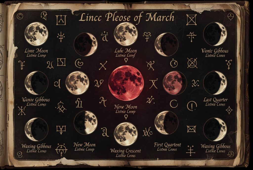 Ancient grimoire page illustrating March moon phases with zodiac symbols, crescent and gibbous moons, a central glowing red blood moon during total lunar eclipse, mystical labels and arcane runes on aged parchment.