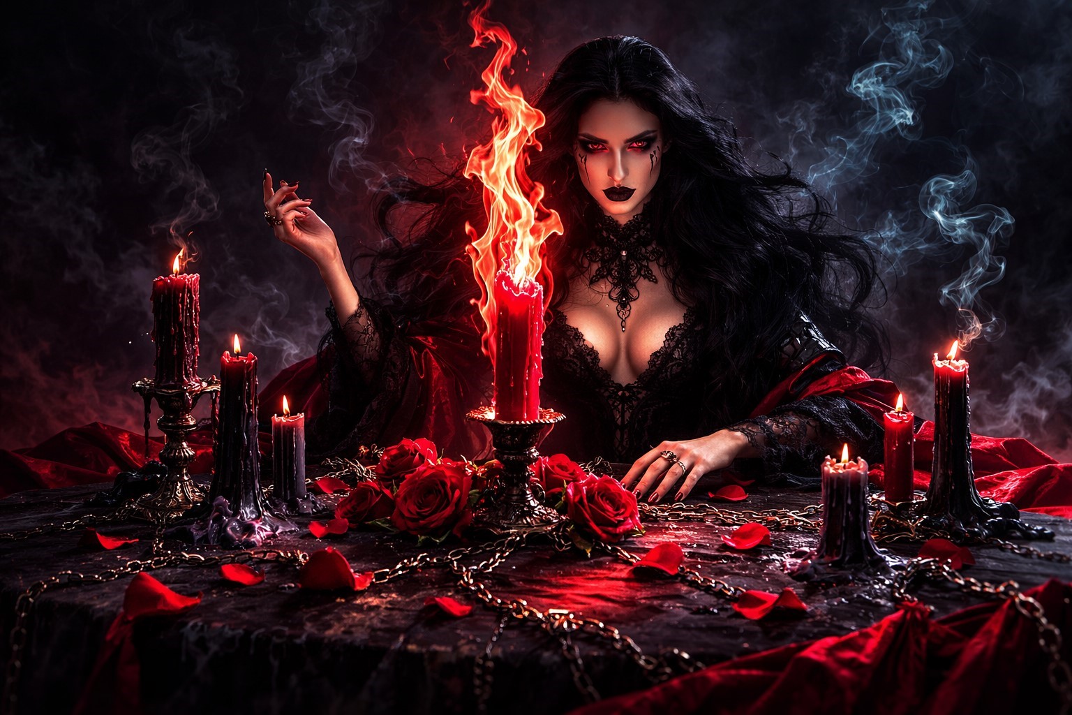 Passion Flame Love Ritual, gothic witch casting intense attraction spell with red flames, black candles and sensual energy for rekindling desire in marriage.
