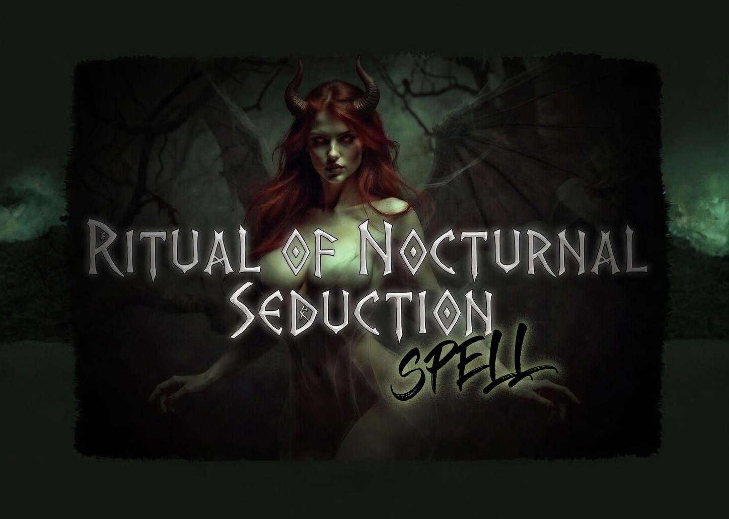 Dark seductive succubus with red hair, horns and bat wings performing a nocturnal seduction ritual in a misty haunted forest, glowing eyes and mystical atmosphere, fantasy dark art with text overlay 'Ritual of Nocturnal Seduction Spell.
