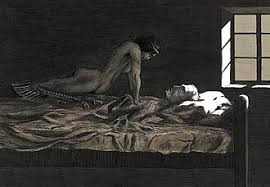 Dark, atmospheric artwork depicting a nude female figure with long dark hair crawling over a sleeping man in a dimly lit bedroom, moonlight streaming through the window, eerie and sensual mood reminiscent of classical nightmare or succubus seduction scenes, heavy shadows and gothic horror style.