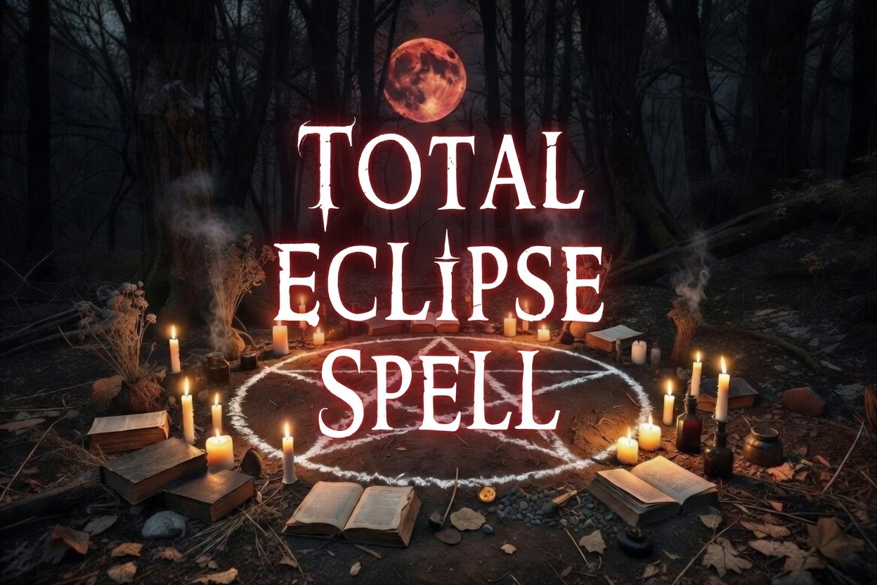 Mystical total eclipse spell ritual in a dark forest, with a glowing pentagram circle of candles, old books, potion bottles and a blood-red moon above.