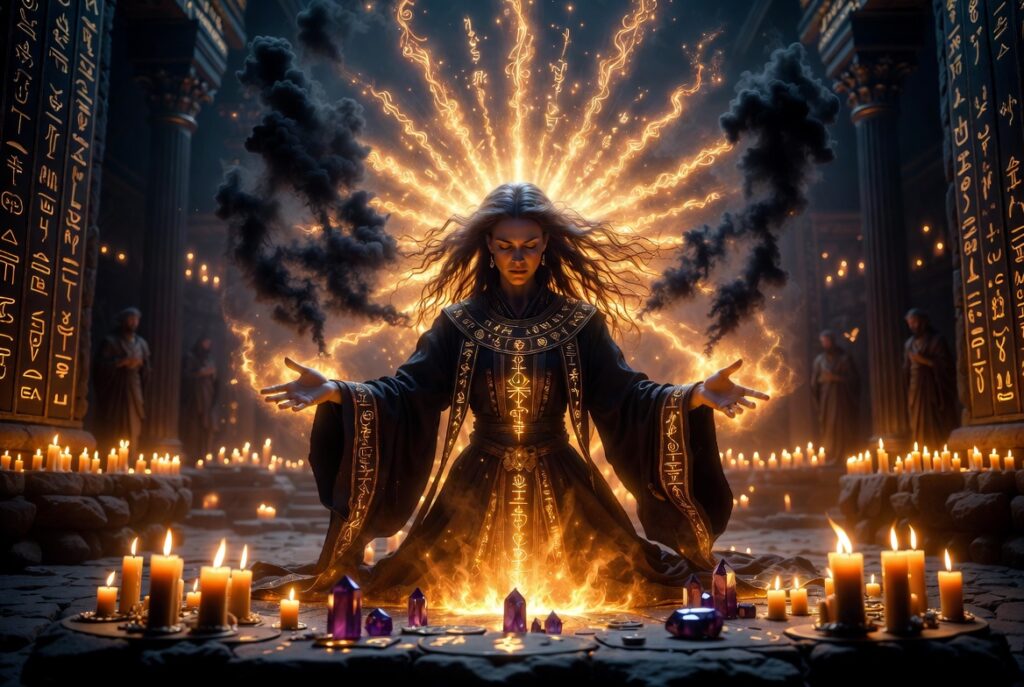Powerful Priestess Performing Curse Removal Ritual with Massive Energy Explosion - Black Magic Cleansing & Spiritual Protection.